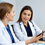 A professional female doctor in a crisp white lab coat consults with a female patient in smart business casual attire. They are seated at a sleek, modern desk in a well-lit medical office, looking at information on a tablet screen. The scene emphasizes clear communication and trust. Both individuals are fully clothed, in modest and appropriate professional dress. Perfect anatomy, correct proportions, natural pose, well-formed hands, proper finger count, natural body proportions, professional photography, high resolution, detailed, realistic, safe for work, appropriate content, family-friendly.
