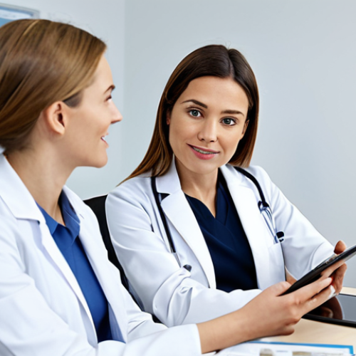 Home 18 A professional female doctor in a crisp white lab coat consults with a female patient in smart business casual attire. They are seated at a sleek, modern desk in a well-lit medical office, looking at information on a tablet screen. The scene emphasizes clear communication and trust. Both individuals are fully clothed, in modest and appropriate professional dress. Perfect anatomy, correct proportions, natural pose, well-formed hands, proper finger count, natural body proportions, professional photography, high resolution, detailed, realistic, safe for work, appropriate content, family-friendly.