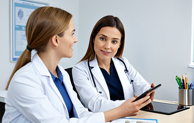 A professional female doctor in a crisp white lab coat consults with a female patient in smart business casual attire. They are seated at a sleek, modern desk in a well-lit medical office, looking at information on a tablet screen. The scene emphasizes clear communication and trust. Both individuals are fully clothed, in modest and appropriate professional dress. Perfect anatomy, correct proportions, natural pose, well-formed hands, proper finger count, natural body proportions, professional photography, high resolution, detailed, realistic, safe for work, appropriate content, family-friendly.