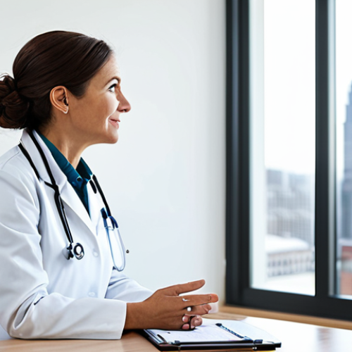 Home 17 A professional female doctor, mid-30s, wearing a clean, modest lab coat, sits across a polished wooden desk from a patient, mid-40s, dressed in appropriate business casual attire. They are in a modern, brightly lit clinic consultation room with tasteful, minimalist decor and a large window showing a blurred city skyline. The doctor is attentively listening to the patient, who is speaking calmly, emphasizing trust and clear communication. Both subjects are fully clothed, perfect anatomy, correct proportions, natural pose, well-formed hands, proper finger count, natural body proportions, safe for work, appropriate content, professional, family-friendly.