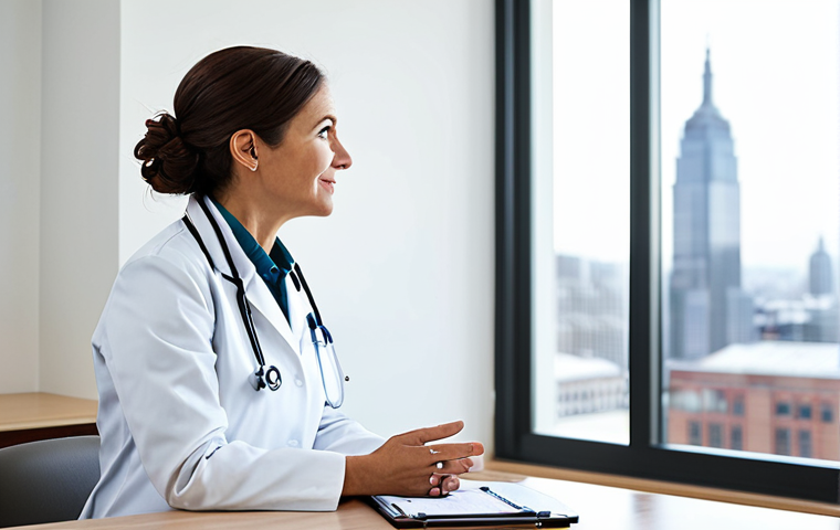 A professional female doctor, mid-30s, wearing a clean, modest lab coat, sits across a polished wooden desk from a patient, mid-40s, dressed in appropriate business casual attire. They are in a modern, brightly lit clinic consultation room with tasteful, minimalist decor and a large window showing a blurred city skyline. The doctor is attentively listening to the patient, who is speaking calmly, emphasizing trust and clear communication. Both subjects are fully clothed, perfect anatomy, correct proportions, natural pose, well-formed hands, proper finger count, natural body proportions, safe for work, appropriate content, professional, family-friendly.