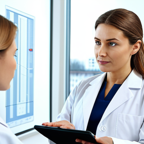 Home 8 A highly qualified female aesthetic doctor in a crisp white lab coat and a female patient in professional attire are engaged in a calm, professional consultation in a well-lit, modern German aesthetic clinic office. The doctor is gesturing towards a tablet displaying a generic, professional medical diagram. The patient listens attentively, appearing engaged and comfortable. Subtle, high-tech medical equipment is visible in the background, along with a large window providing natural light. Professional photography, high resolution, realistic rendering, perfect anatomy, correct proportions, natural pose, well-formed hands, proper finger count, natural body proportions, safe for work, appropriate content, fully clothed, professional dress, modest clothing, appropriate attire.