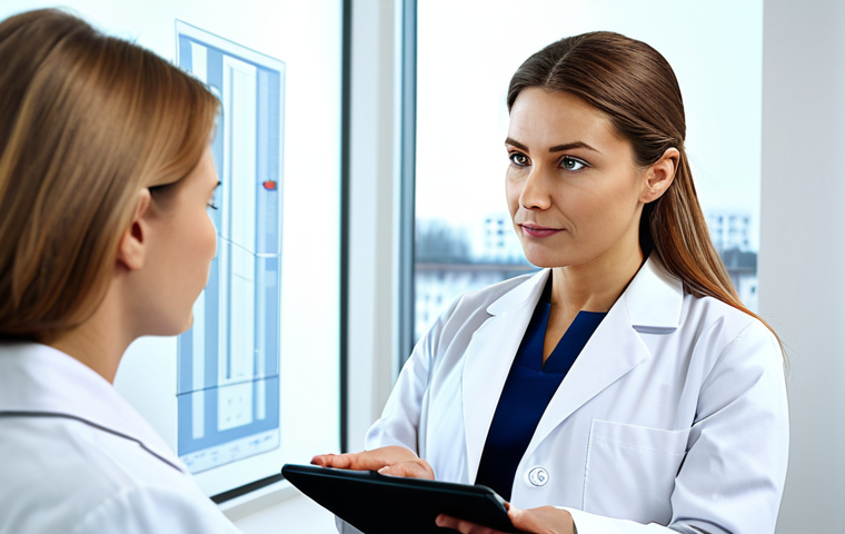 A highly qualified female aesthetic doctor in a crisp white lab coat and a female patient in professional attire are engaged in a calm, professional consultation in a well-lit, modern German aesthetic clinic office. The doctor is gesturing towards a tablet displaying a generic, professional medical diagram. The patient listens attentively, appearing engaged and comfortable. Subtle, high-tech medical equipment is visible in the background, along with a large window providing natural light. Professional photography, high resolution, realistic rendering, perfect anatomy, correct proportions, natural pose, well-formed hands, proper finger count, natural body proportions, safe for work, appropriate content, fully clothed, professional dress, modest clothing, appropriate attire.
