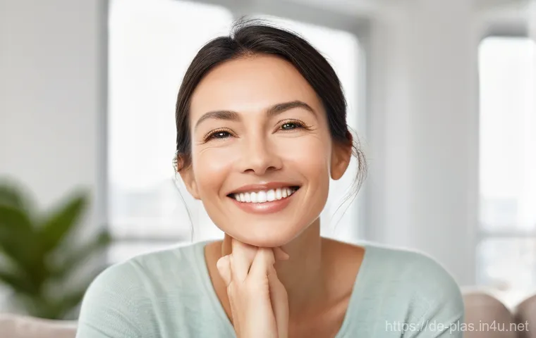 얼굴 지방흡입 후기 - **Prompt:** A naturally beautiful woman in her late 30s or early 40s, with a warm, approachable expr...