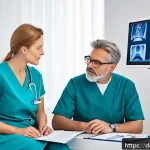 Home 19 이중턱 지방흡입 후기 - A professional medical consultation scene in a modern German clinic, featuring a middle-aged patient...