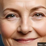Home 18 자가 지방 이식 후기 - A close-up portrait of a middle-aged German woman with smooth, naturally glowing skin, showing impro...