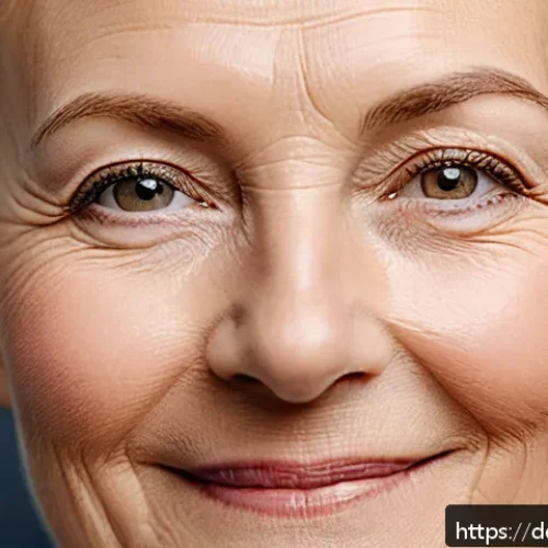Home 30 자가 지방 이식 후기 - A close-up portrait of a middle-aged German woman with smooth, naturally glowing skin, showing impro...