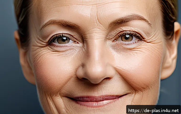 자가 지방 이식 후기 - A close-up portrait of a middle-aged German woman with smooth, naturally glowing skin, showing impro...