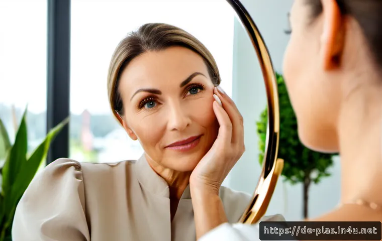 리프팅 유지 기간 - Photorealistic close-up of a confident middle-aged German woman in a bright Munich dermatology clini...